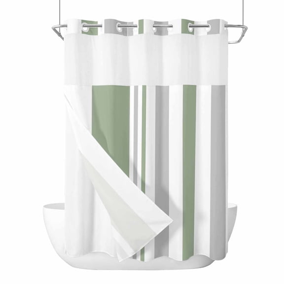 Sage Green Grey Stripe No Hook Shower Curtain Waterproof,Bathroom Curtains with Snap in Liners and See Through Top Window,Modern Farmhouse Vertical Striped Hotel Bathtub Curtains Shower 60"Wx72"L