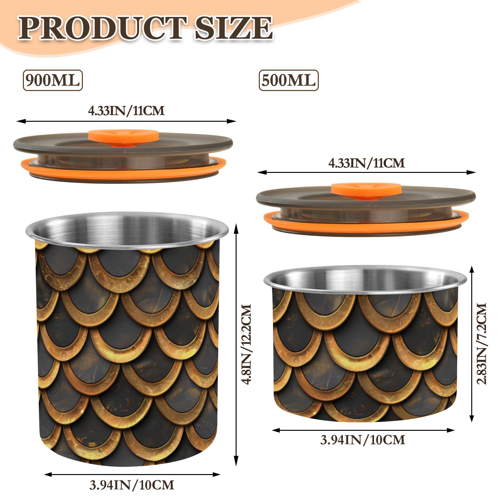 Retro Golden Snake Skin Print Airtight Coffee Bean Canister 30oz Food Storage Containers with Lids For Gournd, Tea, Sugar, Flour, Rice, Cereal, Candy Cookie Jar