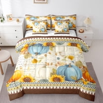 Castle Fairy Botanical Pumpkin 7-Piece Twin Bedding Sets for Women Men,Autumn Fall Harvest Bedding Comforter Set,Thanksgiving Day Breathable Sheet Sets,Luxury Bedroom Decor