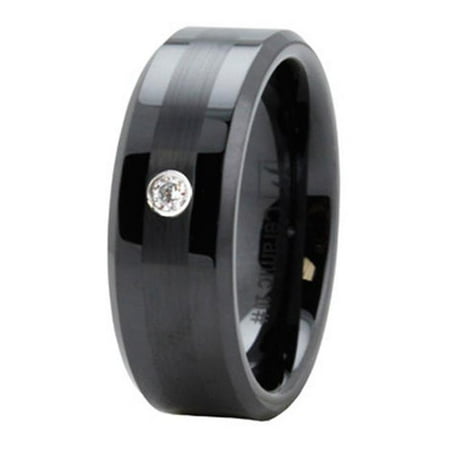EWC R40058-145 Black Ceramic Ring with CZ & Satin Finish - Size 14.5