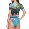 thumbnail image 3 of Uemuo Tropical Poolside Relaxation Pattern Women's One Piece Short Sleeve Swimsuit Rash Guard Surfing Modest Quick-drying Swimsuit Beach Essentials-X-Large, 3 of 9
