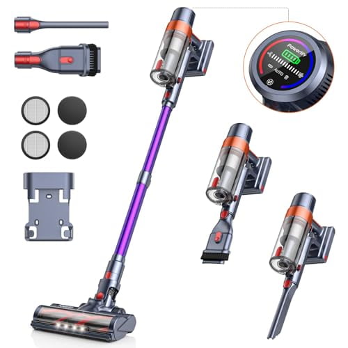 aspiradora inalámbrica de varilla de 40 kpa, 450 w, potente, hasta 55 minutos de autonomía, depósito de polvo de 1,5 l, ligera, ideal para el hogar, alfombras, pelo de mascotas y suelos duros. Vista 3/4 frontal con tubo morado y cuerpo gris con acentos naranja; cabezal motorizado con luces LED; accesorios visibles: boquilla estrecha, cepillo desmontable, boquilla plana, filtros y base de pared; detalle de pantalla circular con indicador de batería. A menudo usada también como aspiradora compacta para limpiar interiores de autos.
