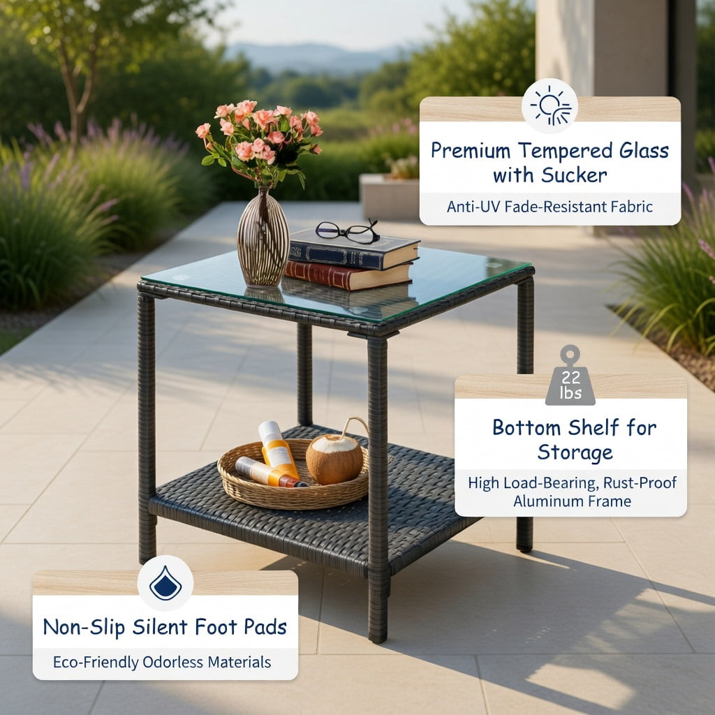 Hommoo 3-Piece Outdoor Rattan Patio Set with Rocking Chairs & Tempered Glass Table, Gray