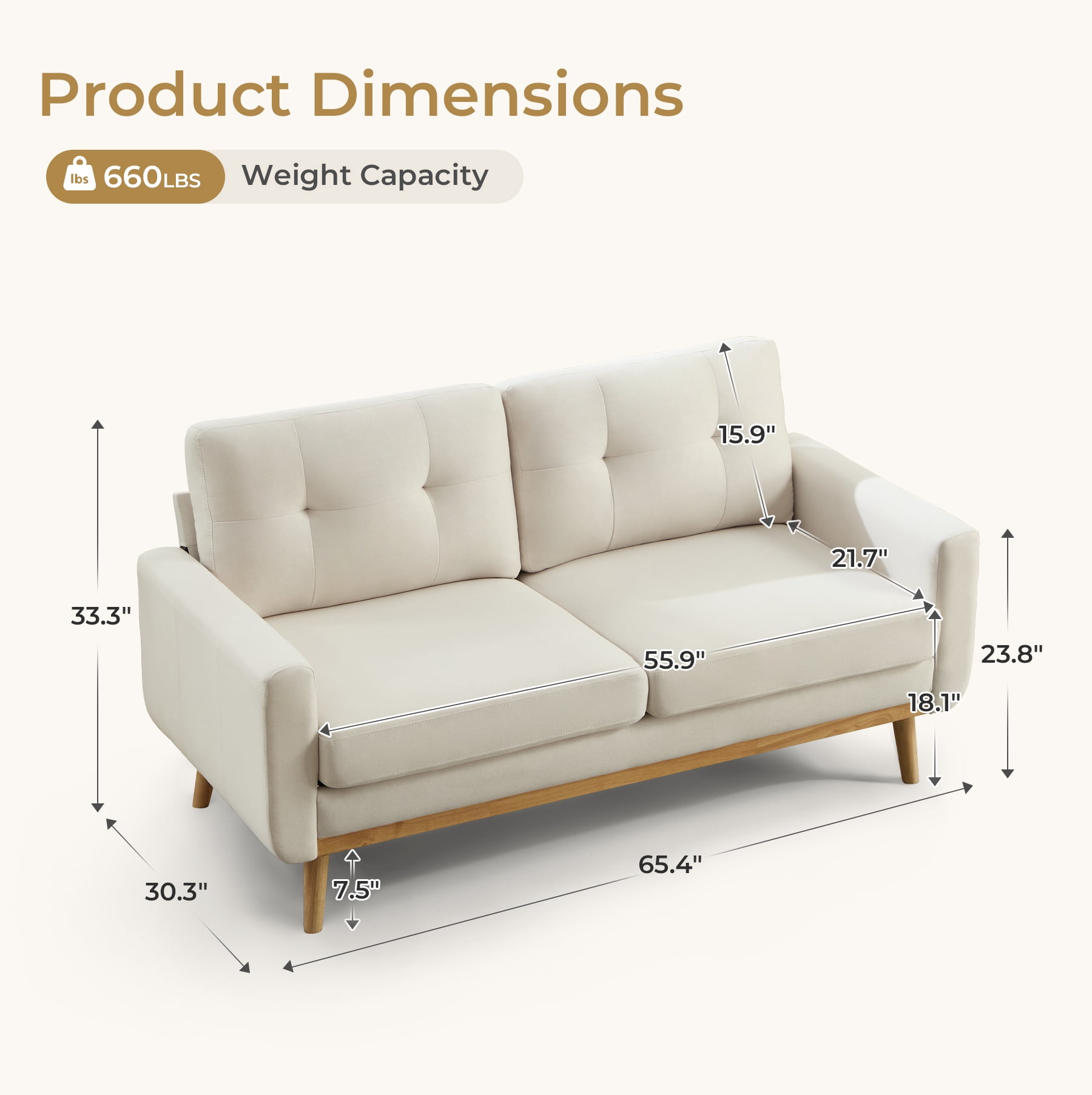 Ebello 2-Seater Sofa with Detachable Back Cushion, Fabric Upholstered Loveseat with Soft Seat Cushion for Living Room, Apartment, Office – 3 Colors (Beige)