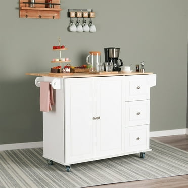 Sophia & William 44" Kitchen Island Carts on Wheels with Storage Cabinet,3 Drawers, Towel and Spice Rack-White