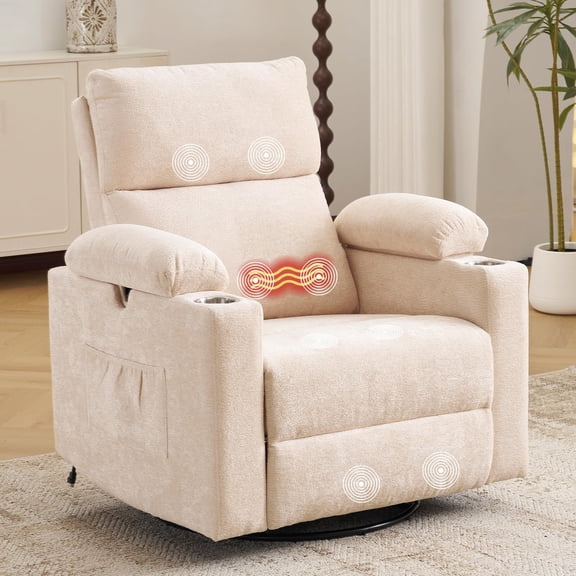 Beige Power Recliner Glider Rocking Chair with Adjustable Armrests and Massage Heat