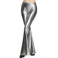 thumbnail image 2 of Youmylove Women Pants Trousers Shiny Metallic Flared Pants High Waist Stretchy Bell Bottom Wide Leg Pants Trousers Workout Running Stylish Streetwear, 2 of 5