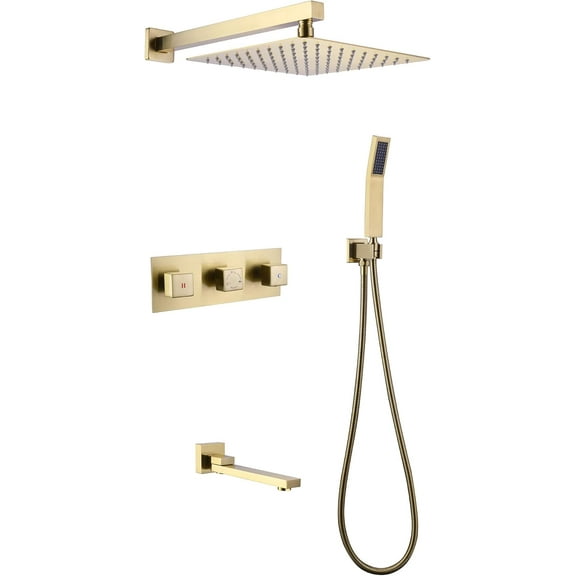 Rain Shower System with Handheld Spray 3-Way Shower Faucet Set Wall-Mounted Brushed Gold Rain Mixer Shower Combo Set with 10" Rainfall Shower Head and 180° Swivel Tub Spout