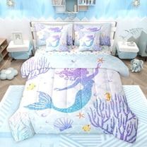 Castle Fairy Children Teens Marine Mermaid Princess Twin Bedding Sets 7-Piece,Bling Gradient Glitter Bedding Comforter Set Microfiber,Sea Underwater World Breathable Sheet Sets,Ultra Soft Home Decor