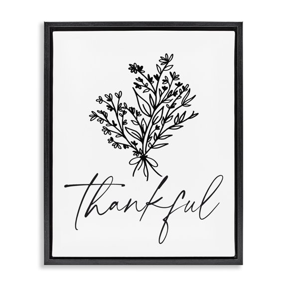 Stupell Industries Farmhouse Thankful Script Delicate Botanical Blooms Petals Bouquet Black Floating Frame Canvas Art, 25 x 31, by Lettered and Lined
