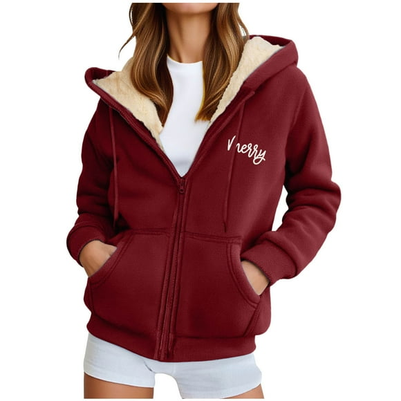Lovzfmll Women's Christmas Hoodie, Fashionable Merry Printed Fleece Sweatshirt Jacket Wine, 2XL