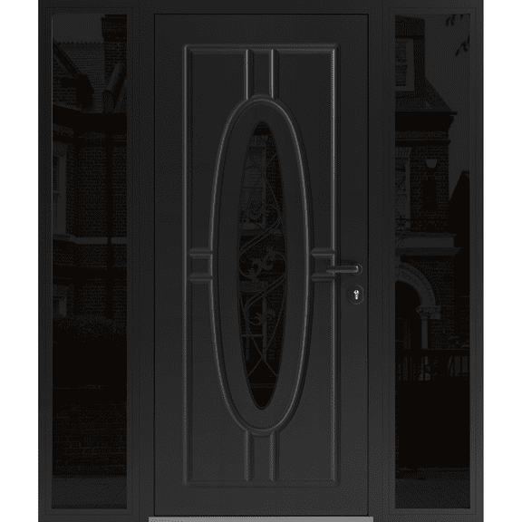 Front Exterior Prehung Steel Door / Ronex 1277 Black Enamel / 2 Side Exterior Windows Sidelites/ Stainless Inserts Entry Metal Modern Painted W12 36 12x80 Left-hand