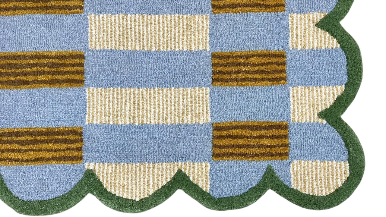 Artcore Matilda Hand Tufted Plaid Wool Area Rug with Scalloped Border, Cotton Backing, Indoor Rug for Living Room & Bedroom, 6 x 9 ft