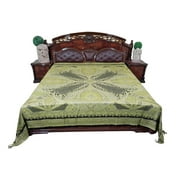 Mogul Ethnic Indian Bedding Pashmina Wool Green Blanket Coverlet Tapestry