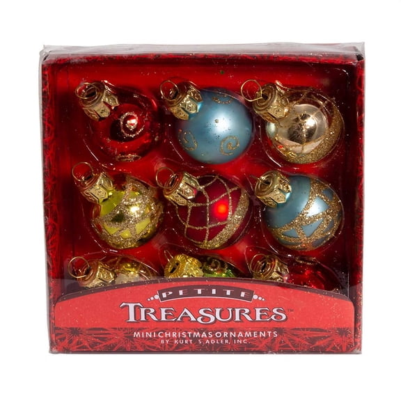 Kurt S. Adler 1-Inch Petite Treasure Multi-Colored Decorated Glass Ball Ornaments, 9-Piece Box Set