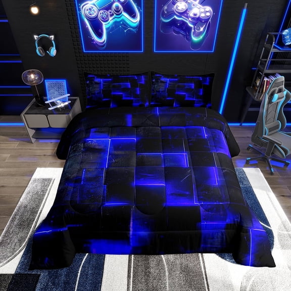 Navy Blue Black Bedding Twin 3D Glowing Buffalo Twin Comforter Set Modern Abstract Art Bedding Comforter Sets Geometric Plaid Duvet Insert, Gradient Futuristic Cubes Down Comforter (Black Reversible)
