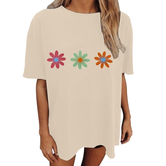 DHFJKG Womens Oversized Retro T Shirt Casual Short Sleeve Round Neck Drop Shoulder Floral Printed Baggy Streetwear Tshirts Beach Graphic Tee Soft Tops