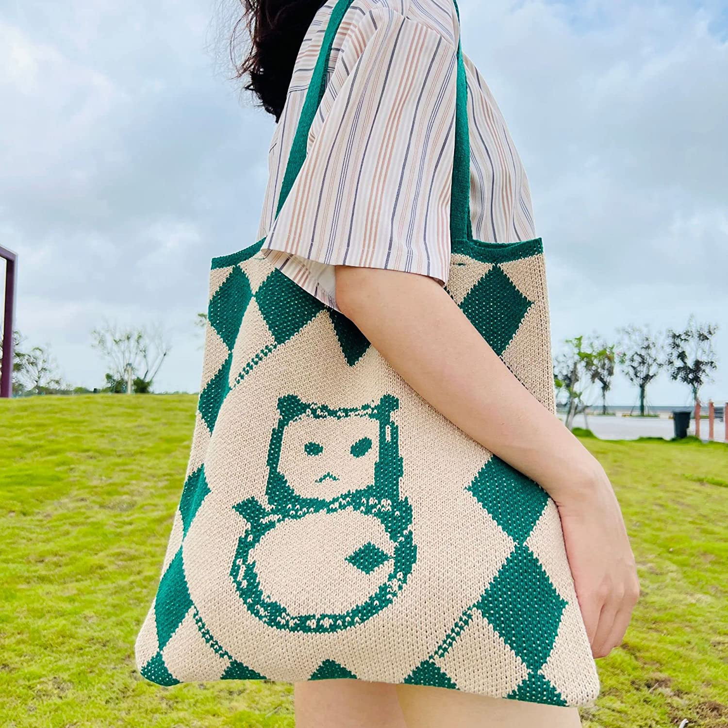 Crochet Tote Bag Aesthetic Y2K Cute Chic Hippie Bag Indie Lattice Shoulder  Handbags Purse Accessories for Women
