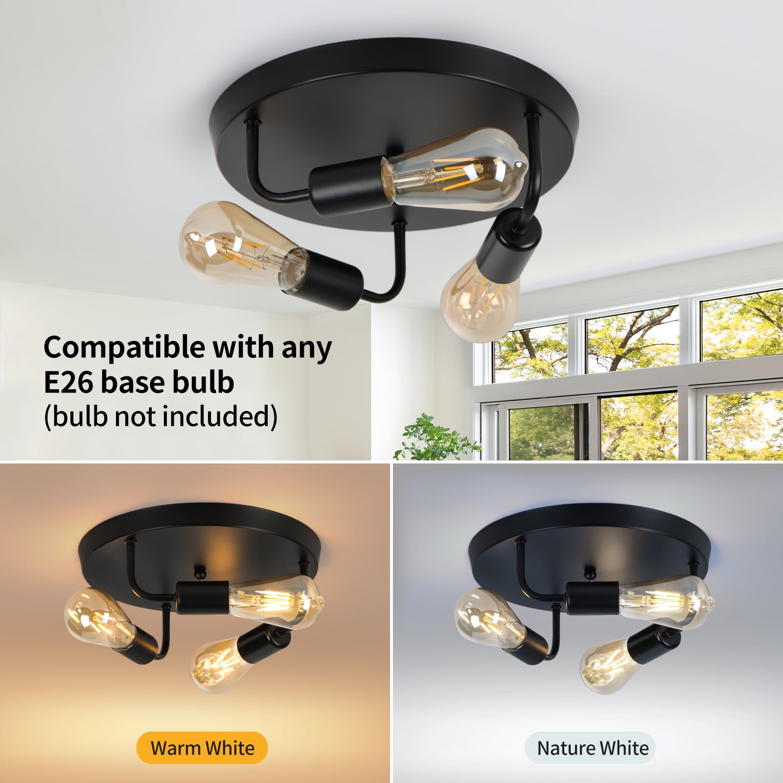 HALIGATE Flush Mount Ceiling Light Fixture,3-Light Ceiling Light Fixture for Hallway, Black Hallway Light Fixtures Ceiling,Light Fixtures Ceiling Mount for Kitchen,Farmhouse,Hall (1 Pack) (12inch)