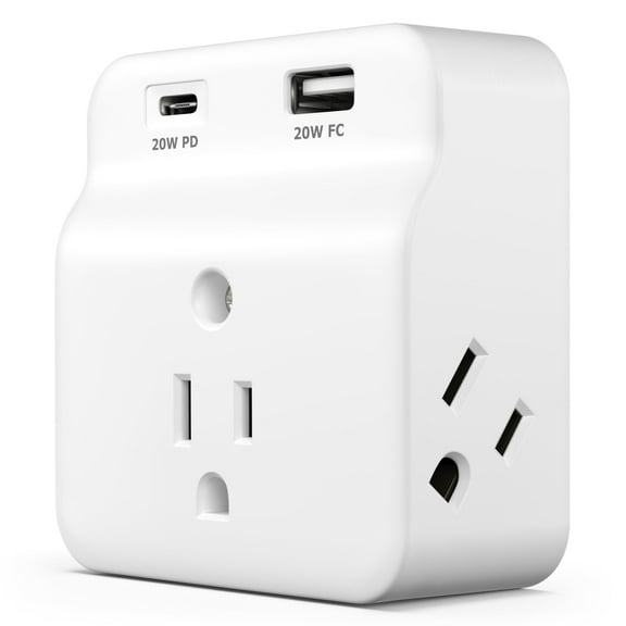 KMC Surge Protector Wall Tap, 3-Outlets, USB-C PD, USB-A Port, Wall Outlet Extender, White