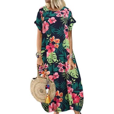 Innerwin Maxi Dresses Floral Print Women Summer Beach Sundress Holiday Crew Neck Hawaiian Long Dress Black S