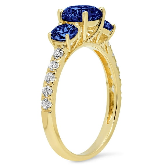1.97 ct Round Cut Simulated Tanzanite Three-Stone Engagement Ring for Women in 14K Yellow Gold