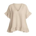 thumbnail image 6 of ClodeEU Women's V Neck Short Sleeve Blouse with Ruffle Hem, Casual Loose Fit Flowy Top Khaki,Women's Plus XXXL, 6 of 6