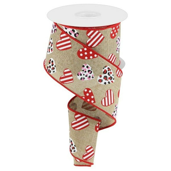 Hearts with Leopard Spots & Stripes Wired Edge Ribbon, 10 Yards (2.5 Inch, Light Beige)