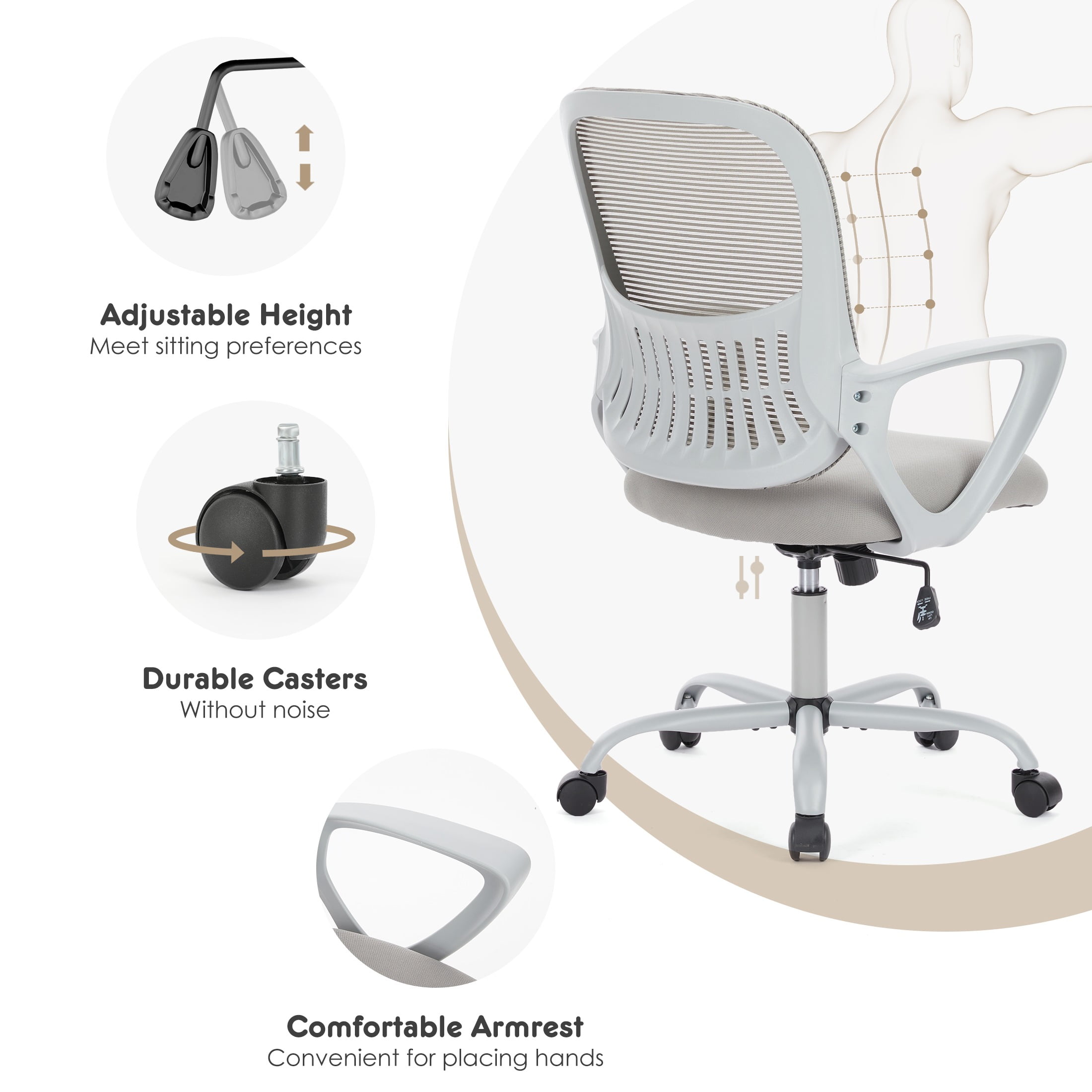 Gianna Ergonomic Mid-Back Mesh Desk Chair with Plush Armrests and Cushion for Home Office Comfort, Gray
