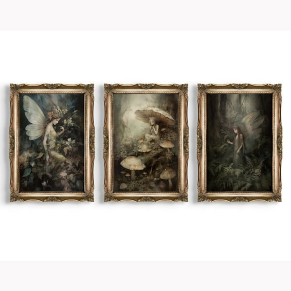 Luvia Set Of 3 Forest Fairies Prints | Cottagecore Gallery Wall Set, Whimsigoth Decor, Botanical Fairy Wall Art, Mushroom Decor, Vintage Aesthetic, Modern Wall Decor Set 3 Prints 8x12 UNFRAMED