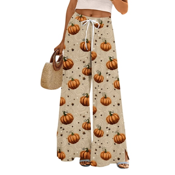 WTOBBY Women's Loose Casual Halloween Printed Wide Leg Pants, Elastic Waistband Drawstring with Pocket, Novelty Fall Seasonal Trousers,Beige L