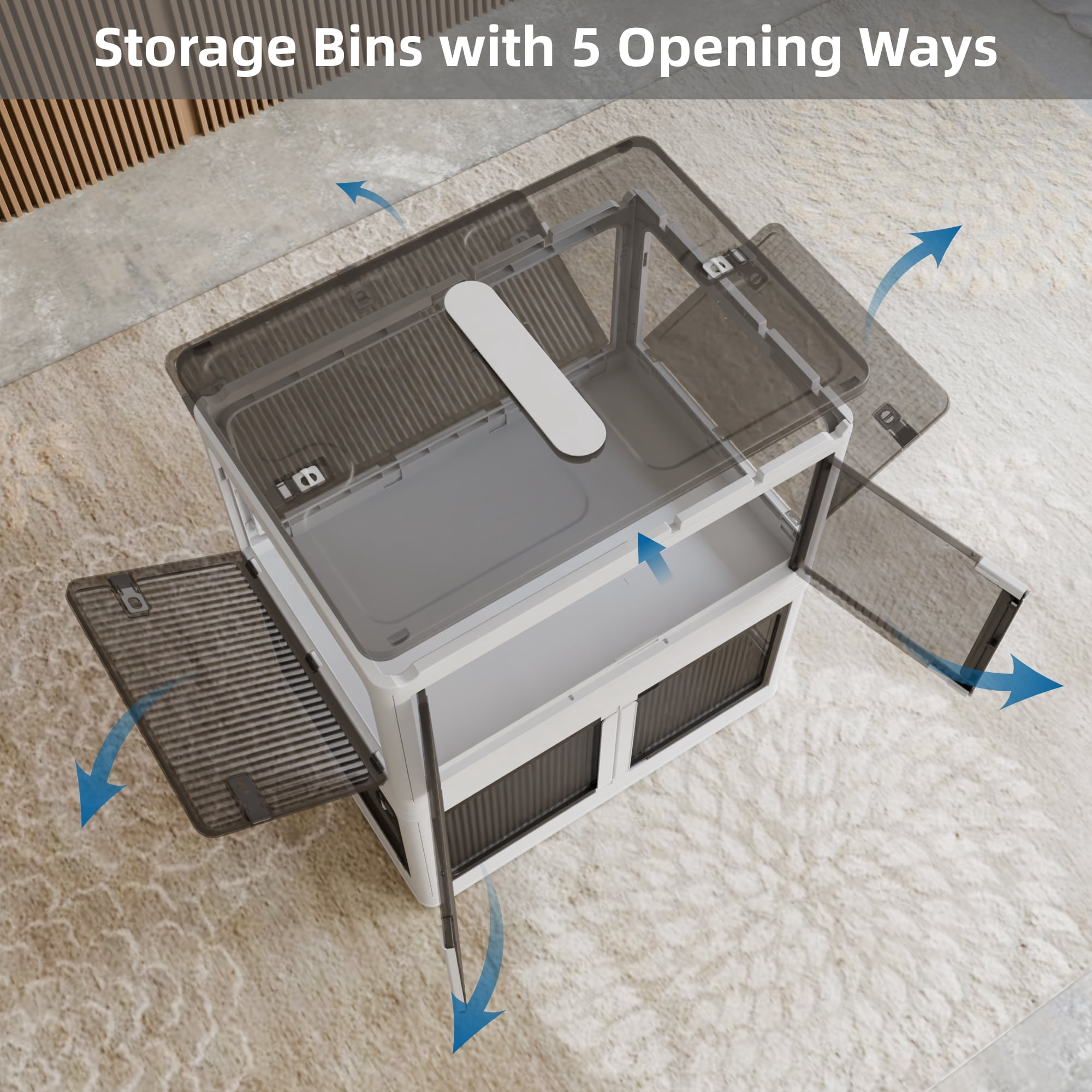 GARITIN 506QT 4-Pack Transparent Stackable Storage Bins with 5 Doors and Wheels, Collapsible Folding Plastic Closet Organizer Containers for Bedroom Living Room Laundry Toys, White
