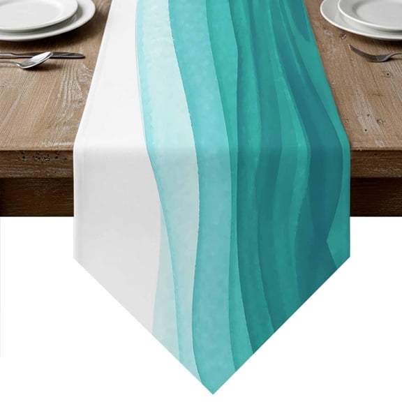 Ombre Turquoise Waves Table Runner Linen Burlap Table Runner 90 Inches Long Abstract Art Gradient Modern Dresser Scarves for Kitchen Island Coffee Dining Party Wedding Banquet Holiday Decor 13"x90"