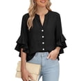 thumbnail image 4 of Huowey Oversized Tshirts For Women Solid Color Stylish 3/4 Sleeve V Neck Lightweight Long Shirt Button Down Breathable Ruffles Loose Fit Casual Fashionable Summer Tunic Tops,Black,S, 4 of 7