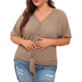 thumbnail image 2 of 2DXuixsh Womens Shirts Womens Plus Size Tops Short Sleeve V Neck Knit Tunic Blouse Tie Front Button up T Shirts Shirts for Women Khaki Size Xl, 2 of 5