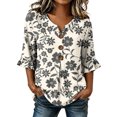 thumbnail image 2 of Favoffer Women's Linen Button Down Shirts Floral Graphic Short Sleeve V Neck Loose Fit Casual Summer Blouses for Office Work Weekend Outdoor, 2 of 6