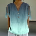 thumbnail image 5 of Women's Ombre Short Sleeve T-Shirt V-Neck Button Front Tie Detail Top in Soft Linen-Cotton Blend, Loose Fit Casual Blouse, 5 of 7
