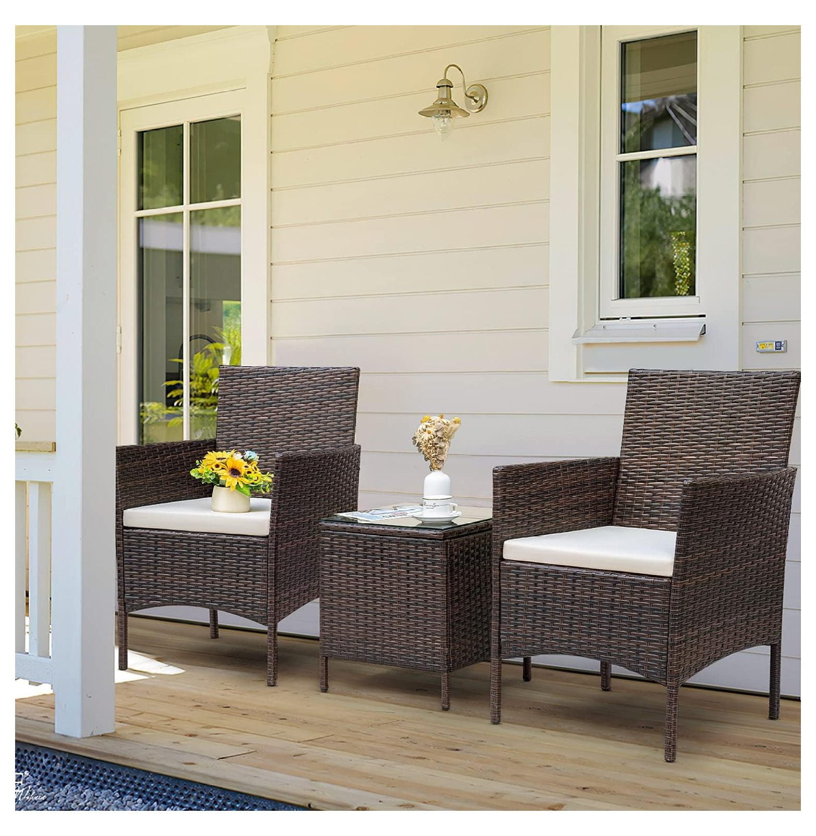 Patio Chairs Set of 2 Outdoor Front Porch Furniture Bistro Set 3 Piece Wicker Patio Chairs Balcony Furniture for Backyard Patio Balcony Lawn Pool (Brown)