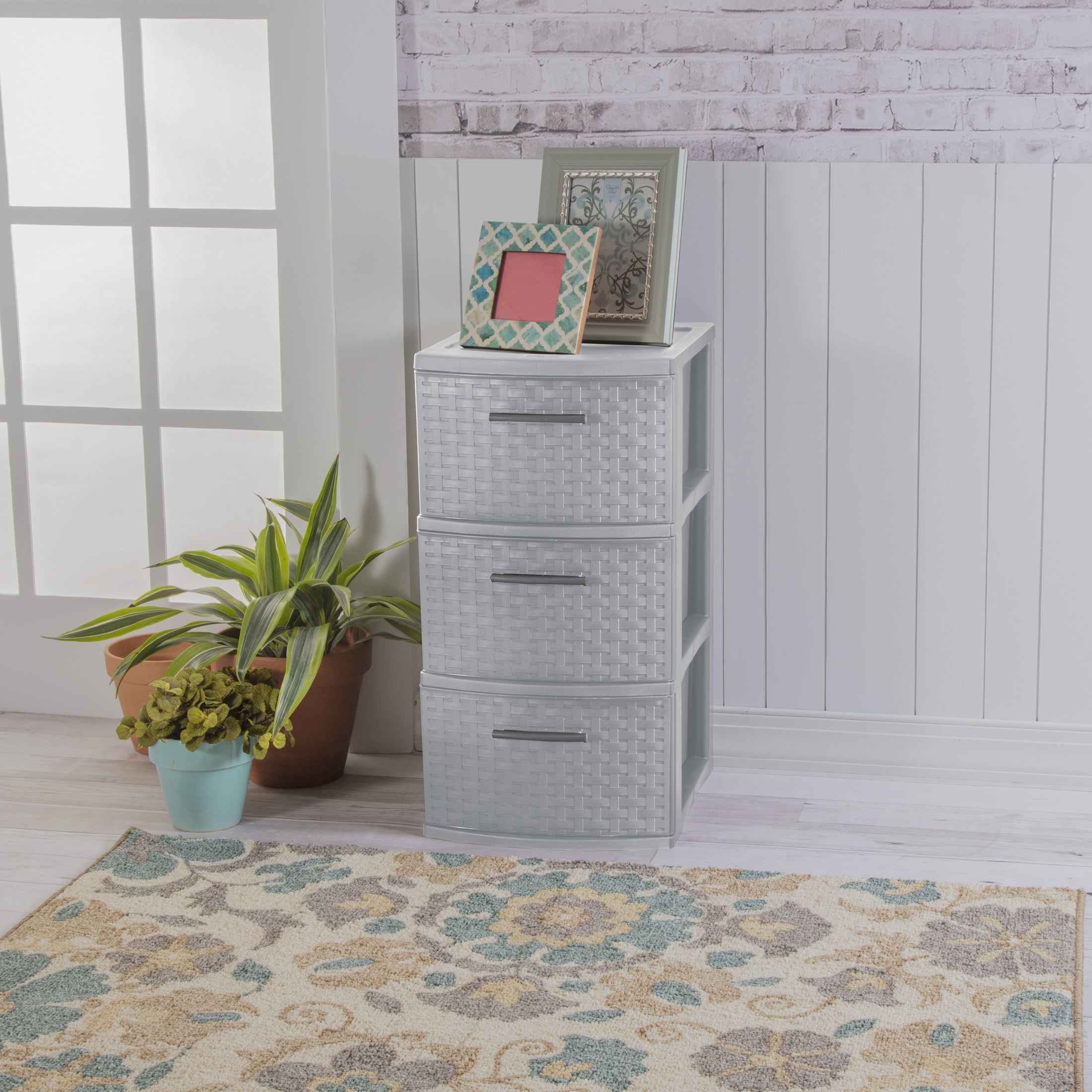 Sterilite 3 Drawer Weave Tower, Plastic Décor Drawers with Pull Handles, Gray