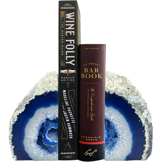 AMOYSTONE Blue Agate Bookends Small 2-3 lbs Polished Dyed Crystal Stone for Books 1 Pair with Rubber Bumpers