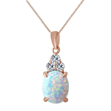 - White Created Opal & Simulated White Sapphire Oval Pendant Necklace 14k Rose Gold Over Sterling Silver (3.25 Carat)