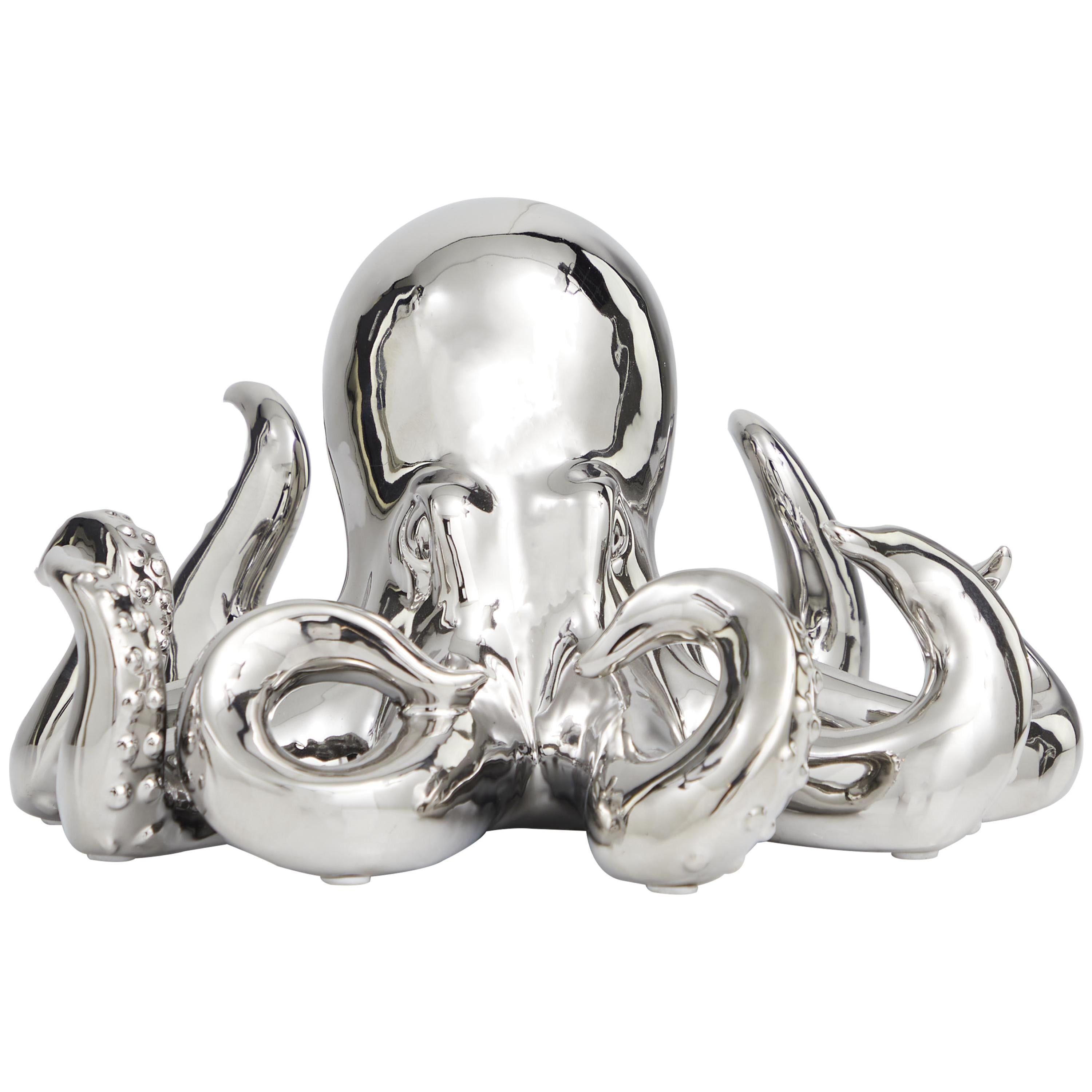 12" x 7" Silver Ceramic Octopus Sculpture with Textured Tentacles, by DecMode