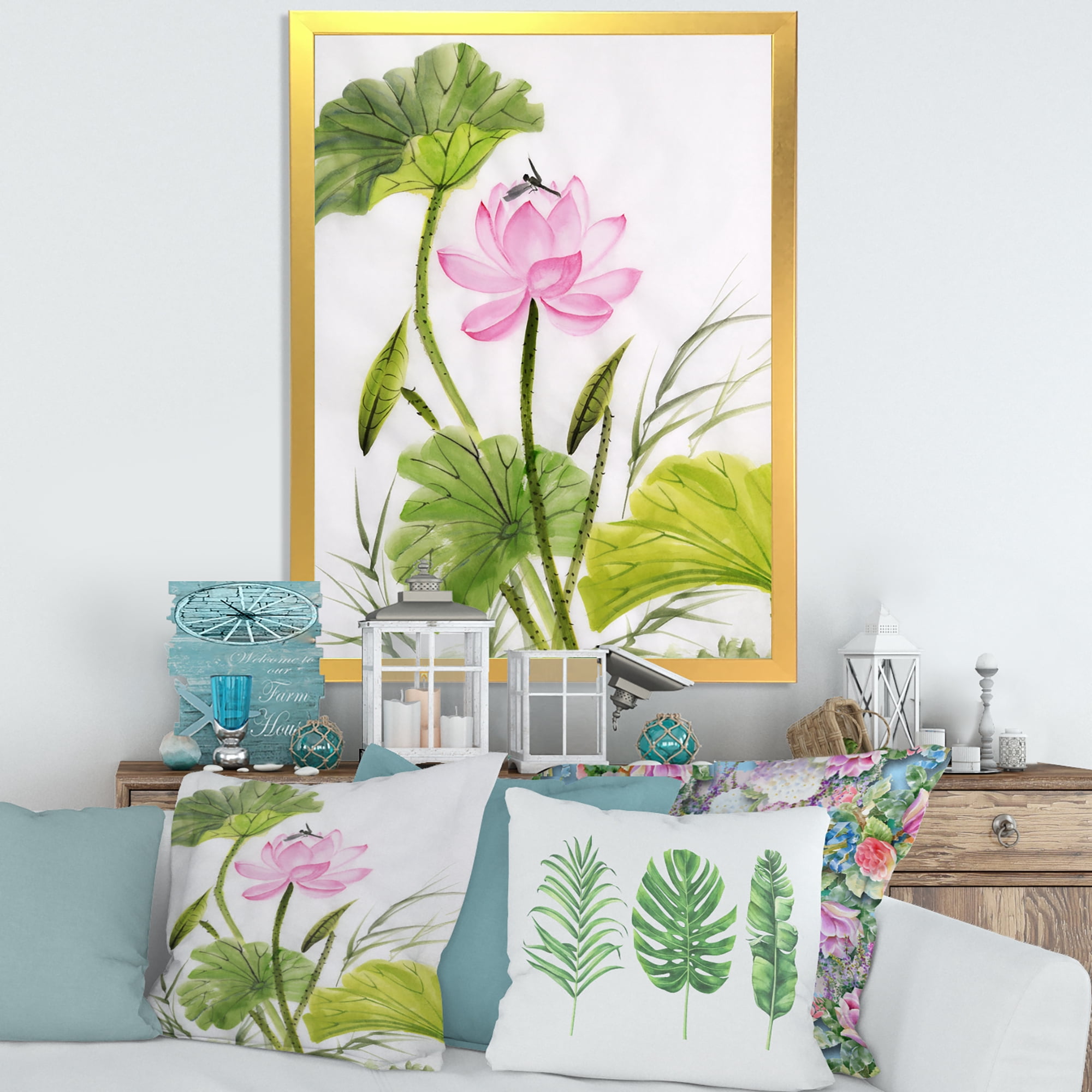 Designart 'Single Vintage Pink Lotus Flower With Green Leaves' Traditional Framed Art Print