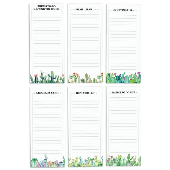 Inkdotpot Pack of 6 Funny Magnetic Dry Erase List For Fridge, Wipe Clean w/ NoStain, Quick Notes Shopping & Grocery List Whiteboard for Fridge, 8.75" x 3.8"(Cactus)