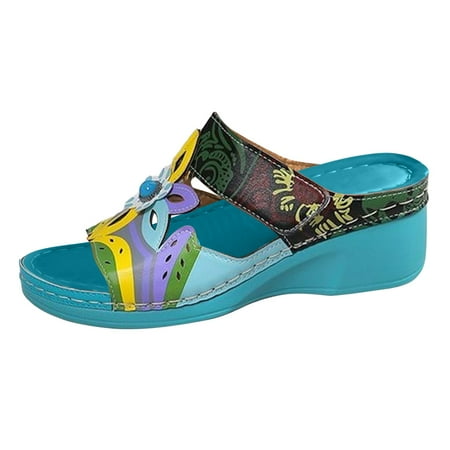 

Fesfesfes Womens Slide Sandals Women s New Ethnic Style Slippers Women s Shoes New Summer Colored Wedge Heel Totem Large Slippers Women s Shoes 4.5(35)