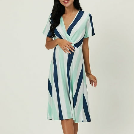 

Wiueurtly Women Maternity Casual Short Sleeve V Neck Striped Printed A Line Dress Loose Beach Sundress Maternity Stretch Dress