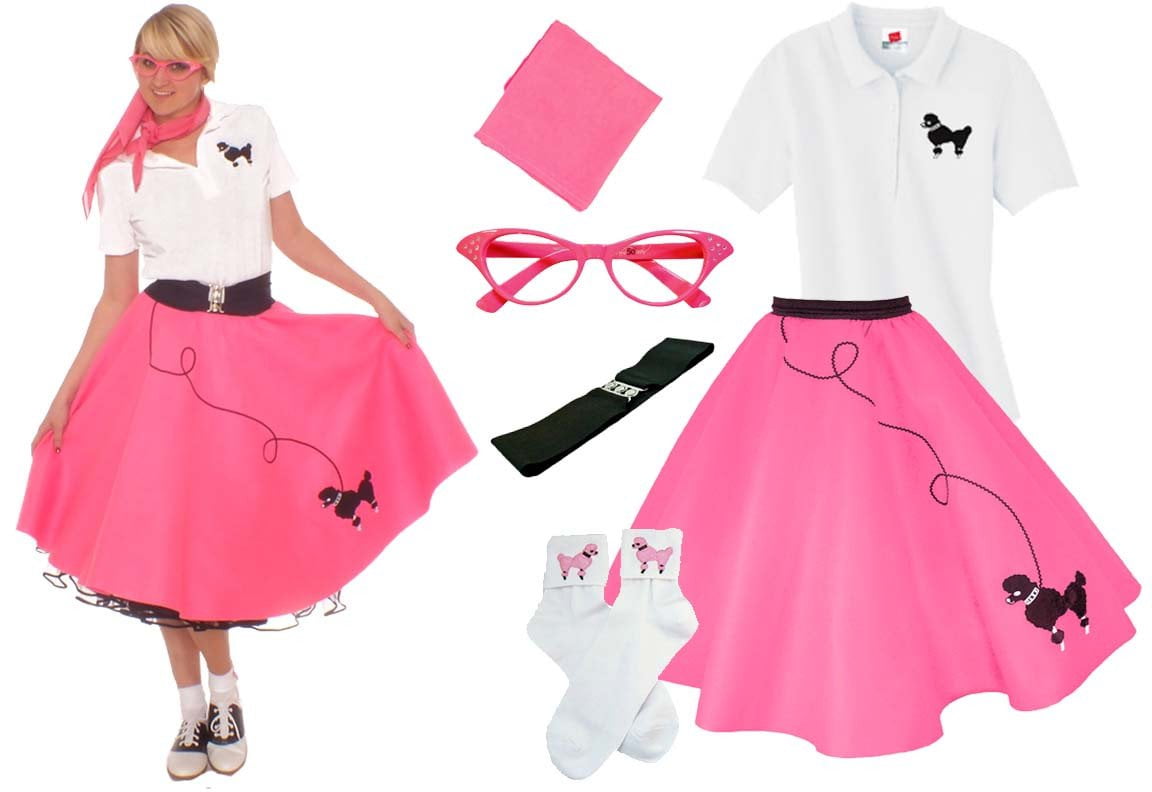 41" 3-Pc Neon Pink Poodle Skirt Outfit _ Adult Size LARGE _ Waist 35" 