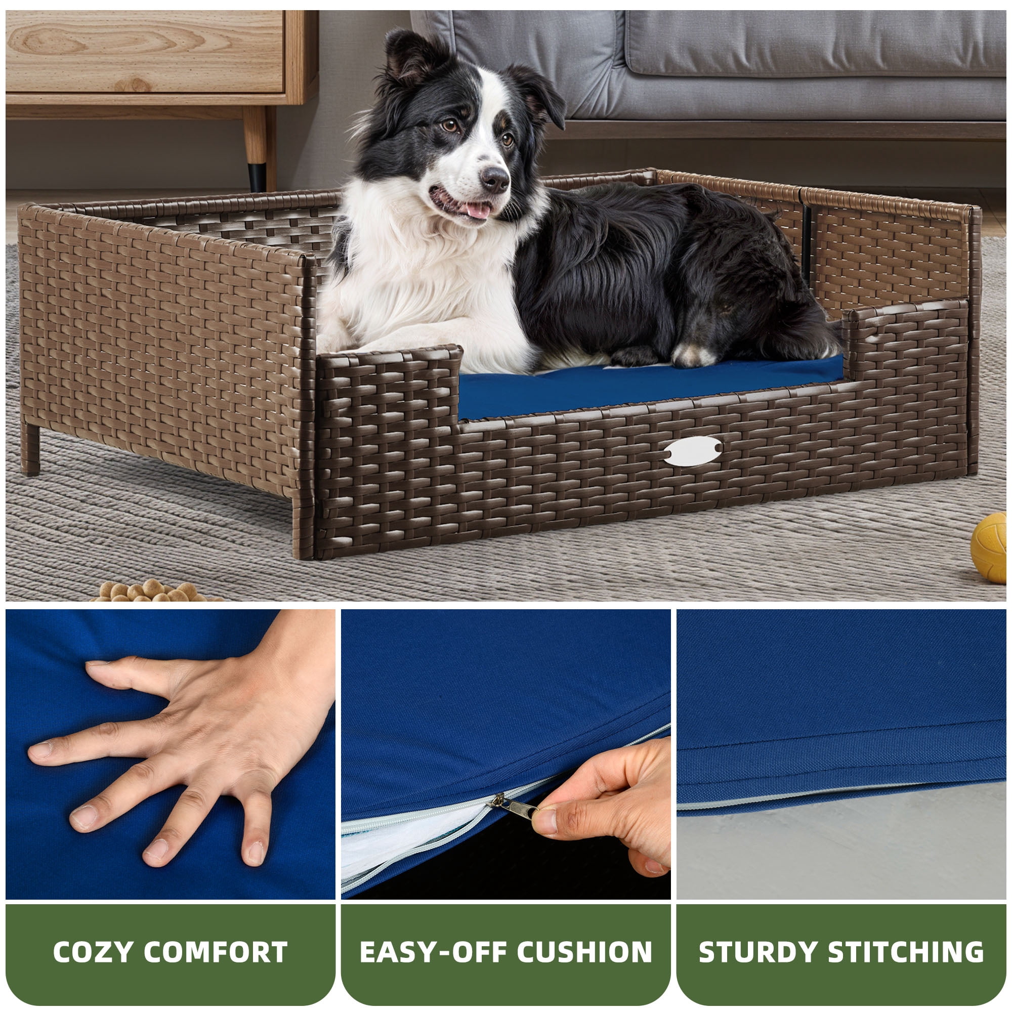 Uforic Rattan Dog Sofa Bed with Blue Cushion,Wicker Pet Bed Sofa Indoor Outdoor,All-weather Protection, Brown&Blue,34.6"L x 23.6"W x 11.8"H