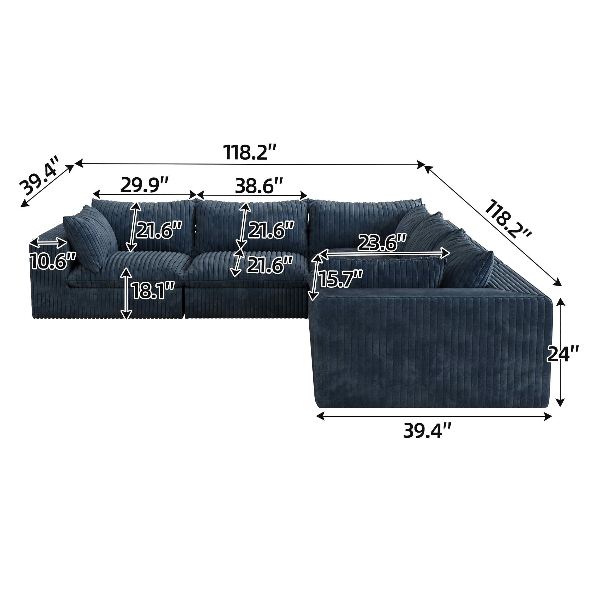 MAYEERTY 118.2" Cloud Corduroy Sofa, Deep Seat Double-Layer Design, Removable Cushion No Assembly, DIY Combination, Blue