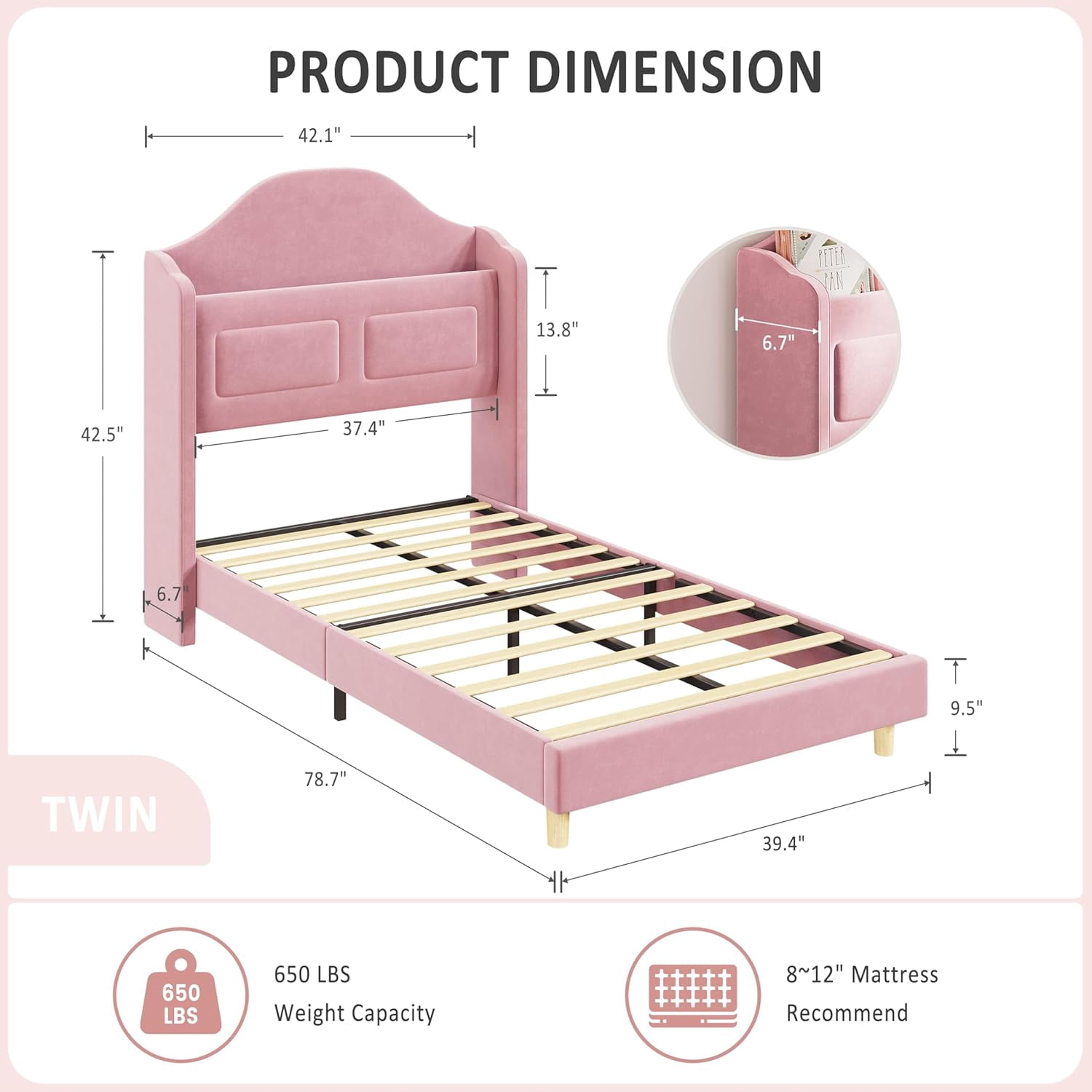 EliteEdge Upholstered Twin Bed Frame with LED Lights, Velvet Platform Bed with Wingback Storage Headboard, Wood Slat Support, No Box Spring Needed, Easy Assembly, Pink